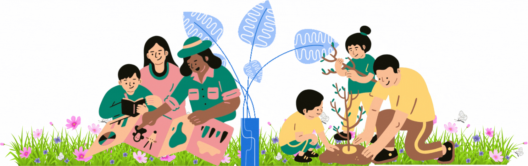 Animated graphic depicting community gathering.