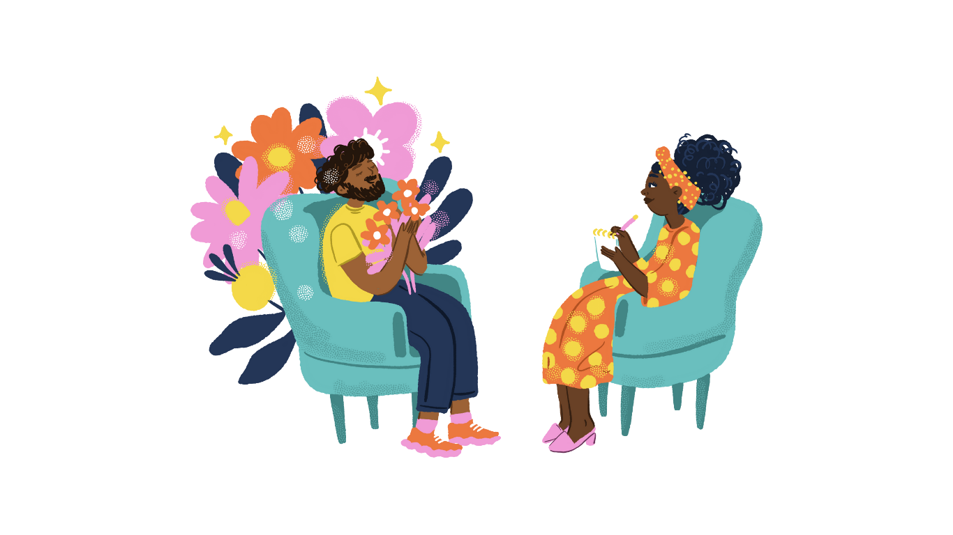 Graphic of two people sitting across each other representing the idea of respectful language and inclusion.