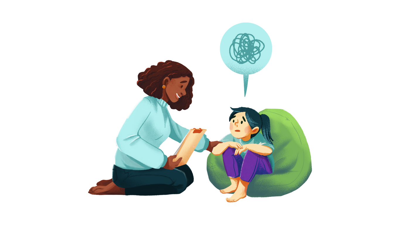 Graphic of a speech therapist and a child.