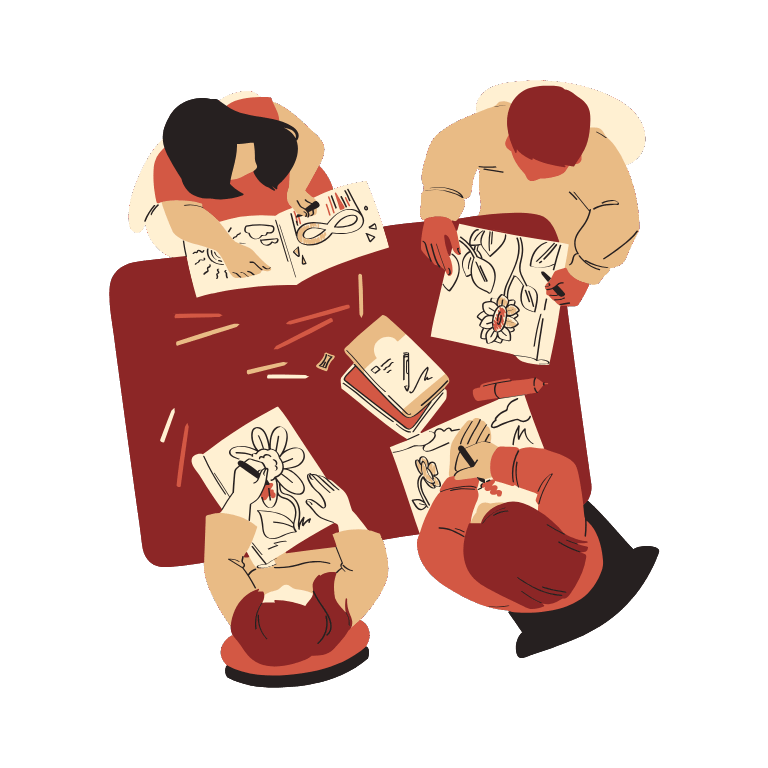 Graphic of four people sitting around table drawing to represent empowerment hub.